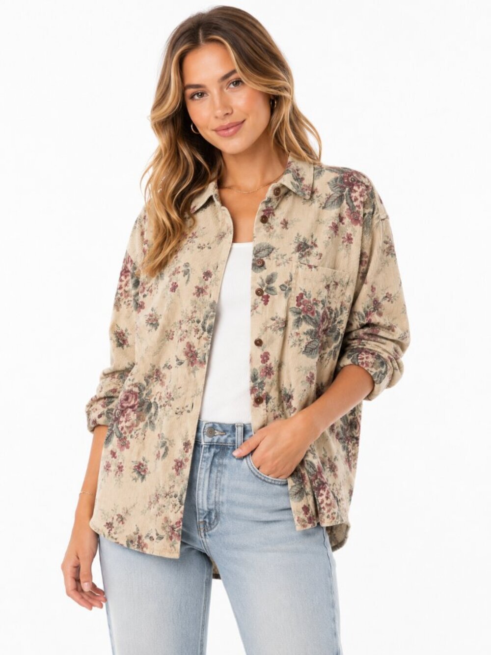 Vintage Eddie Bauer Corduroy Button Down Shacket Size Large Floral Top Cottage